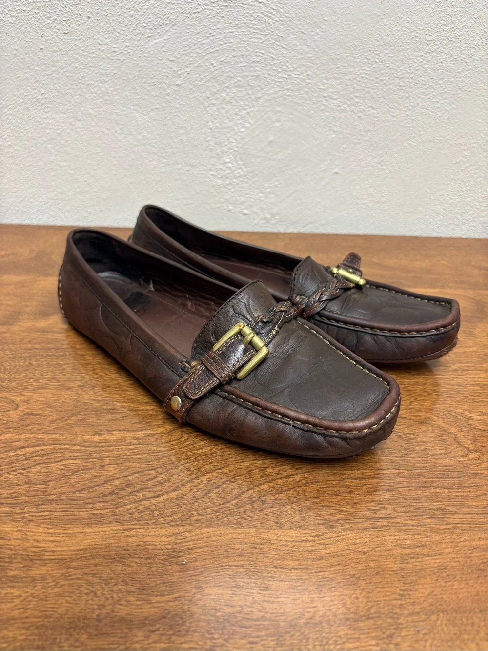 Coach Brown Leather Driving Loafers with Brass Buckle *Flaw
